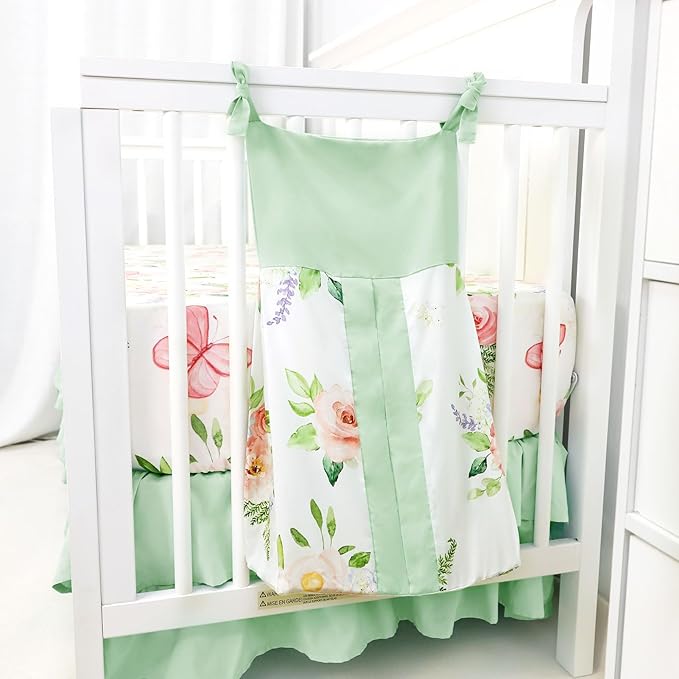 4-Piece Crib Bedding Set, Baby Girl Crib Bedding Set Butterflies Floral Nursery Bedding Set Includes Comforter, Fitted Crib Sheet, Crib Skirt, and Diaper Stacker, Green & Pink-CubbioJoy
