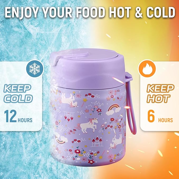 17oz Soup Thermo for Hot Food Kids Insulated Vacuum Food Jar with Stainless Steel Spoon Wide Mouth Thermo Leakproof Lunch Food Container Kids Hot Lunch Box (Purple-Horse)-CubbioJoy
