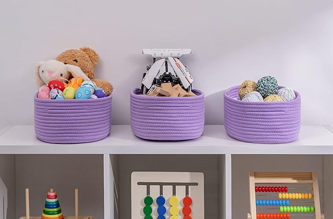 Baskets Bins for Shelf Storage Organizing/Cute Basket to Store and Organize Household Items/Woven Rope Basket for Living Room, Bedroom,Playroom,3 Packs Purple Basket-CubbioJoy