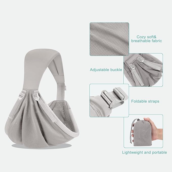 Baby Sling Carrier,Baby Carrier Newborn to Toddler,Toddler Carrier,Portable Lightweight & Spreadable Shoulder Straps (Light Grey)-CubbioJoy