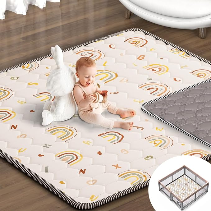 Boho Rainbow Baby Play Mat 50" X 50" Playpen Mat Thicken One-Piece Baby Crawling Mat Non-Slip Cushioned Baby Floor Mat with Lettters, Activity Playmats for Infants, Babies, Toddlers (50X50,Beige)-CubbioJoy