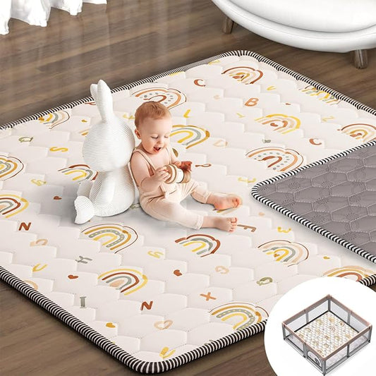 Boho Rainbow Baby Play Mat 50" X 50" Playpen Mat Thicken One-Piece Baby Crawling Mat Non-Slip Cushioned Baby Floor Mat with Lettters, Activity Playmats for Infants, Babies, Toddlers (50X50,Beige)-CubbioJoy