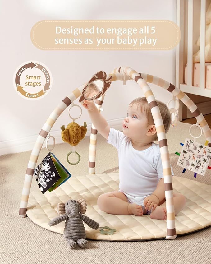 Blissful Diary Baby Play Gym Mat, Tummy Time Activity Mat with 6 Detachable Toys for Stage-Based Sensory & Motor Skill Development, Easy to Install & Clean, Baby Essentials Gift, Sandy Beige-CubbioJoy