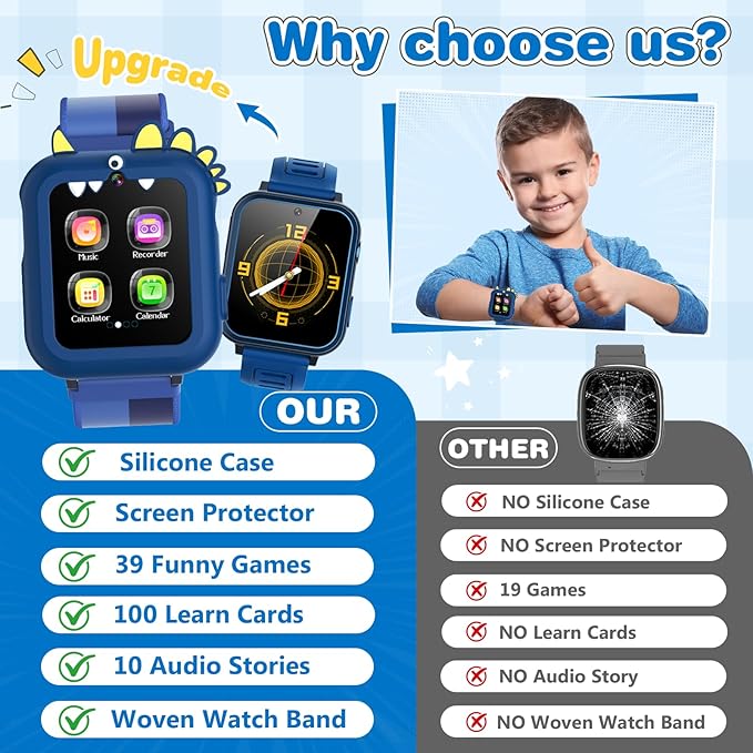 Cosjoype Smart Watch for Kids Age 4-12, 39 Games Touchscreen Boys Watch with Camera Music Player Pedometer Flashlight, Kids Toys Christmas Birthday Gifts for Boys Girls Age 5 6 7 8-CubbioJoy