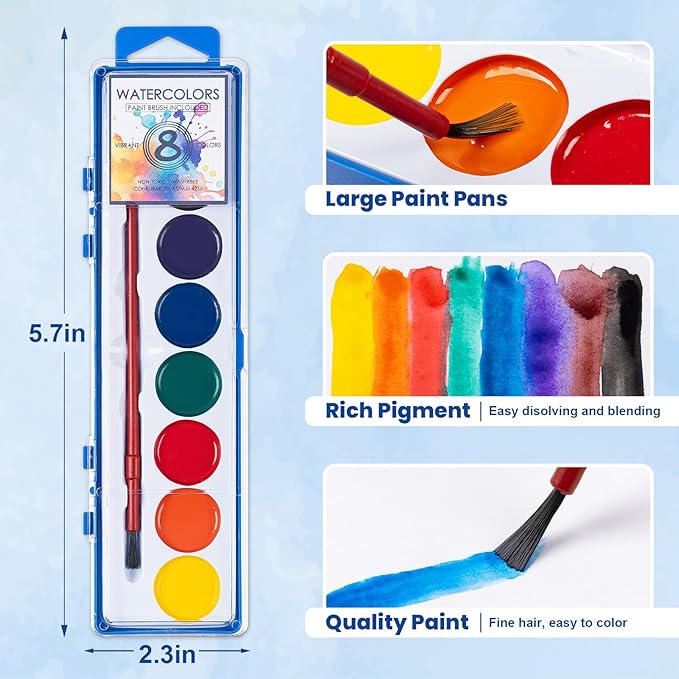 36 Pack Watercolor Paint Set, Washable Watercolor Paint Bulk for Kids, Water Color Paint with Paint Brushes, Ideal Gifts for Party Favors, School Supplies & Classroom Prizes, Art Activities, 8 Colors-CubbioJoy