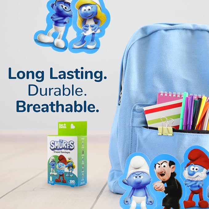 BioSwiss Bandages, The Smurfs Shaped Self Adhesive Bandage, Latex Free Sterile Wound Care, Fun First Aid Kit Supplies for Kids and Adults, 100 Count Box-CubbioJoy