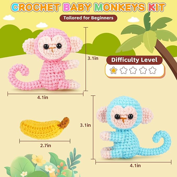Crochet Kit for Beginners - 2 PCS Monkey with Banana Crochet Kits with Step-by-Step Video Tutorials, Beginner Crochet Kit for Adults, Crochet Monkey Kit for Kids (Blue & Pink)-CubbioJoy