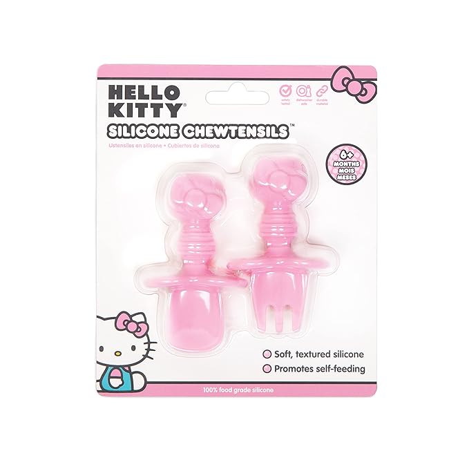 Bumkins Baby Utensils Set, Chewtensils Silicone Spoons for Dipping, Self-Feeding, Baby Led Weaning, Trainer Learning, First Stage Eating, Soft Practice Fork and Spoon, 6 Months, Hello Kitty Pink-CubbioJoy