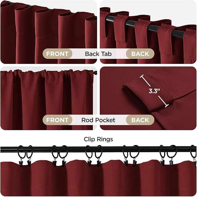 Joydeco 72 Inch Blackout Curtains for Bedroom, Thermal Insulated Black Out Curtains, Room Darkening Drapes for Living Room Window Rod Pocket Back Tab (W52 x L72 Inch, Burgundy Red)-CubbioJoy