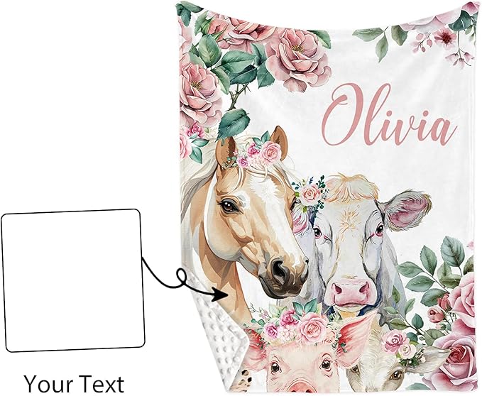 Custom Name Crib Bedding Set - Horse & Cow Pattern, Personalized Floral Nursery Bedding 3-Piece Set– Soft Blanket, Fitted Sheet, Changing Pad Cover – for Newborns Girls Nursery Gifts-CubbioJoy