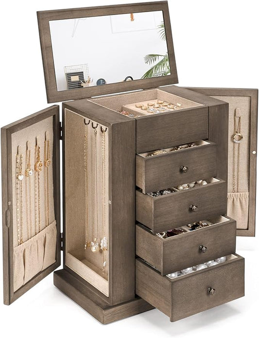 Jewelry Box for Women, 5 Layer Large Wood Jewelry Boxes & Organizers for Necklaces Earrings Rings Bracelets, Rustic Jewelry Organizer Box with Drawers and Mirror(Weathered Gray)-CubbioJoy