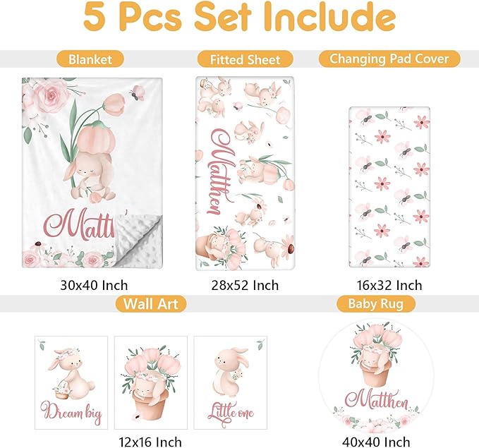 Custom Baby Crib Bedding Set - 5 Pcs Personalized Name Baby Crib Set with Double Layer Blanket - Soft Tulip Bunny Nursery Bedding Set for Girls Boys - Customized Gifts for Infants Toddlers-CubbioJoy