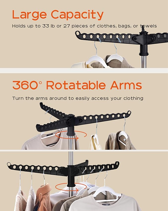 Clothes Drying Rack Foldable, 74.8 inch 2 Tier Laundry Drying Rack with Rotating Clothes Rail for 54 Pieces of Clothes, Space Saving, Indoor, Stainless Steel, Black and Silver CDR002B01-CubbioJoy