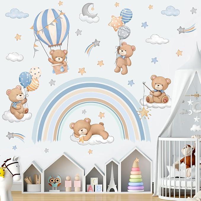 decalmile Rainbow Animal Wall Decals Hot Air Balloon Animals Bear Clouds Wall Stickers Baby Nursery Kids Bedroom Living Room Wall Decor-CubbioJoy