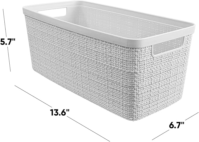 Curver Jute Decorative Plastic Organization and Storage Basket Perfect Bins for Home Office, Closet Shelves, Kitchen Pantry and All Bedroom Essentials, Slim, White, Set of 8-CubbioJoy
