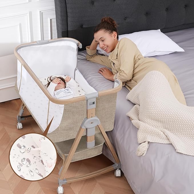 Baby Bassinet, Bassinet Bedside Sleeper with Waterproof Bassinet Sheets and Soft Mattress, Safe Adjustable Height Bedside Bassinets with Wheels, Girl/Boy Bassinets, Khaki-CubbioJoy