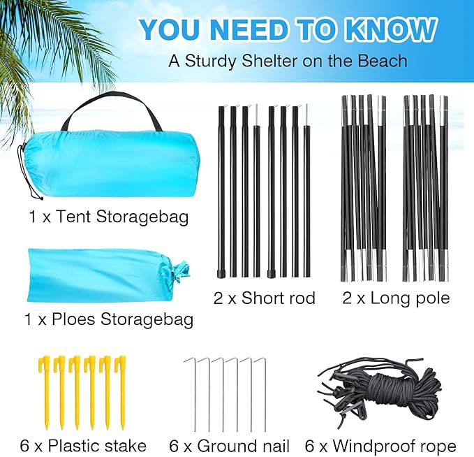 DLUCKY Beach Tent for 1/2/3/4/5/6 Person,Anti-UV Portable Sun Shade ShelterUPF 50+,Both Sides Extendable Floor,Extendable Awning,with 2 Ventilating Mesh Windows,Lightweight & Easy Setup.-CubbioJoy