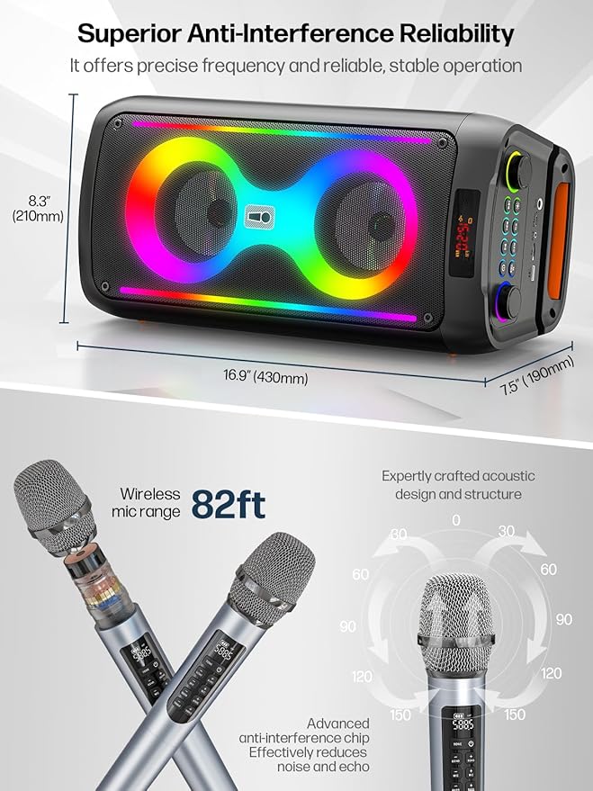 Karaoke Machine for Adults, Portable Bluetooth Speaker with 2 Wireless Microphones, PA System with Disco Lights for Big Party, Outdoor, Supports USB/TF/REC/FM/AUX, Ideal Gifts for Family, Music Lover-CubbioJoy