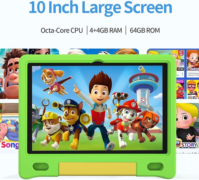 JREN Kids Table 10.1" ｜Android 14 Tablet for Kids｜64GB Storage｜Octa-Core｜WiFi ｜Cameras｜Parental Control｜Kids Content｜Case Included Great Gift for Children Ages 3-12 Years Old Green-CubbioJoy