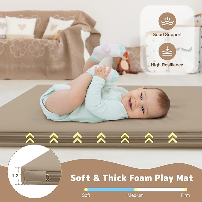 Baby Play Mat 47x47 Inches, Extra Thick 1.2" Foam Floor Mat for Tummy Time & Crawling, Waterproof Non-Slip Faux Leather Playpen Mat for Infants Toddlers, Indoor Outdoor Gym Activity, Brown-CubbioJoy