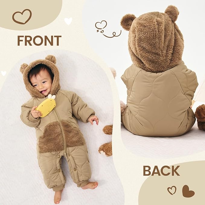 JiAmy Baby Snowsuit Newborn Winter Clothes Coat Romper Windproof Fleece Hat Zipper Baby Bear Outfit-CubbioJoy