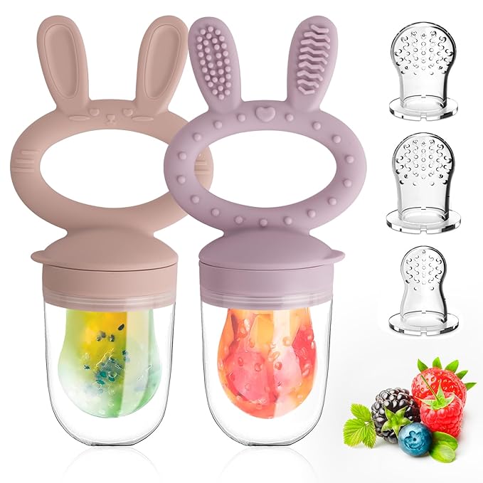 Baby Solids/Frozen Fruit Feeder Pacifier, Infant Teether Toy 4M+, BPA-Free Silicone Pouch & Nipple, Safely Introduce Solids, Teething Relief, 2-Pack (Rabbit - Pink Purple, S/M/L)-CubbioJoy