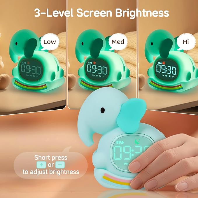 Alarm Clock for Kids with Night Light, Sleep Training Clock Time to Wake Clock, Rechargeable Silicone Light for Bedroom, Perfect Sleep Companion for Boys Girls, Green Elephant-CubbioJoy