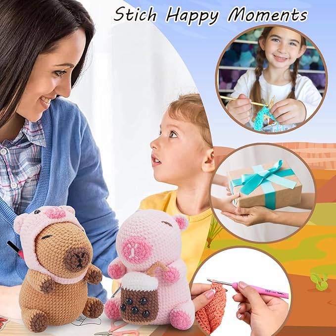 Crochet Kit for Beginners,Beginner Crocheting Animals Kits w Step-by-Step Video Tutorials, Knitting Starter Pack for Adults and Kids,2 Pack Capybara-CubbioJoy