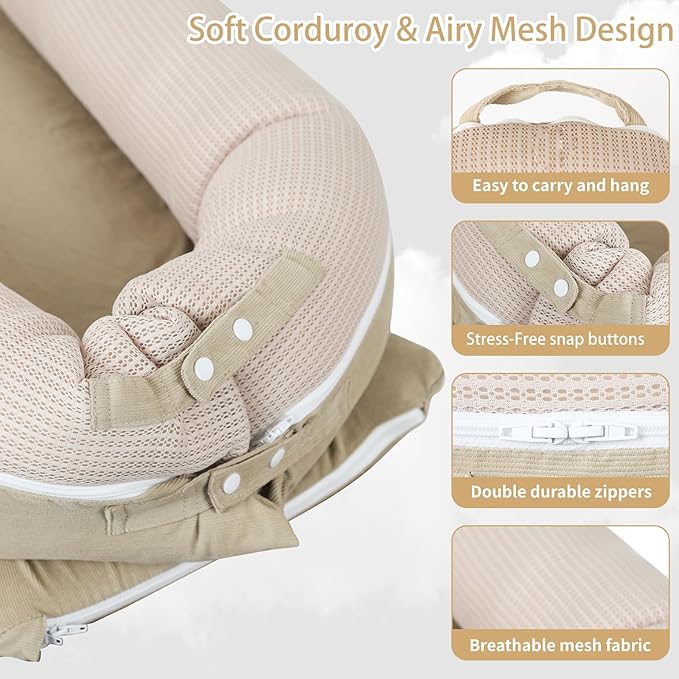 Baby Lounger, Deluxe Infant Lounger, Baby Nest Cover for Baby, Breathable Cotton, Adjustable Baby Floor Seat for Tummy Time, Newborn Essentials for Baby 0-12 Months (Khaki)-CubbioJoy