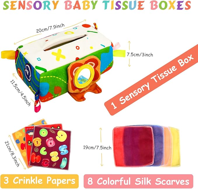 Baby Tissue Box - Montessori Toys for 6-12 Months, 1 Year Old - Soft Stuffed & High Contrast Crinkle Infant Sensory Toy, Early Learning Gift for Girls & Boys Toddlers-CubbioJoy
