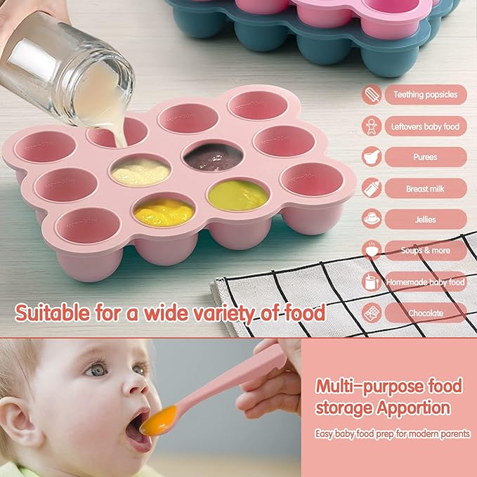 12x1.5oz Baby Food Freezer Tray with Clip Lid Gossamer Pink | Food Grade Silicone Storage Containers for Purees & Vegetables-CubbioJoy