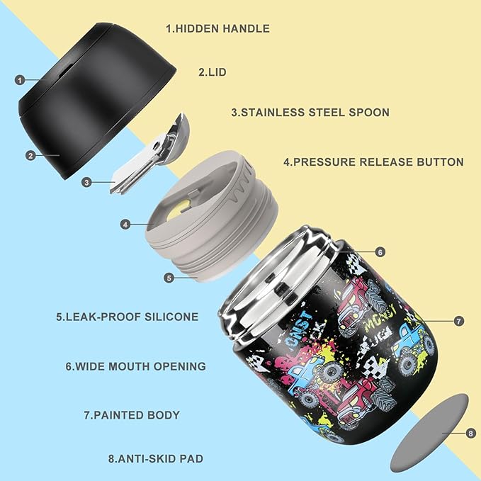 17 oz Insulated Lunch Containers Hot Food Jar, Wide Mouth Lunch Thermo for Kids Adults, Vacuum Stainless Steel Lunch Box With Handle Folding Spoon for School, Office Black - Car-CubbioJoy