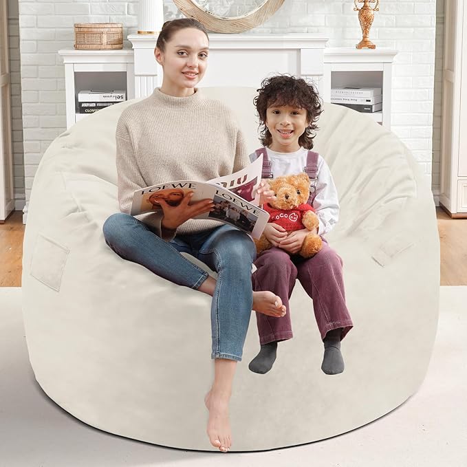 3FT Bean Bag Chair, Comfy Bean Bag Chairs with Memory Foam Filled, Fluffy Beanbag Sofa with Dutch Velvet Cover, Round BeanBag Chairs for Living Room, Playroom - Beige-CubbioJoy