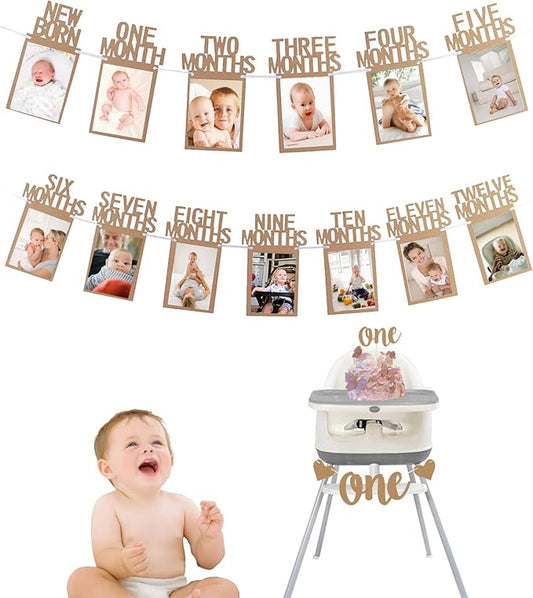 1st Birthday Photo Banner Decorations Monthly Milestone Photograph Bunting Garland with First Birthday Cake Topper High Chair Banner 1st Birth Decorations-CubbioJoy