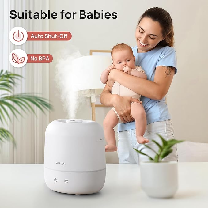 2L Cool Mist Humidifier for Bedroom with 360° Adjustable Nozzle, High and Low Mist Levels, Ultra-Low Noise, Light-Off, No BPA, Auto Shut Off, Ideal Baby Humidifier with Easy Top Filling-CubbioJoy