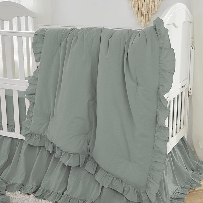 Brandream Gender Neutral Boho Bohemian Baby Girl Boy Nursery 3 Pieces Crib Bedding Set Solid Green Farmhouse Chic Ruffle Unisex Cozy 100% Washed Cotton-CubbioJoy
