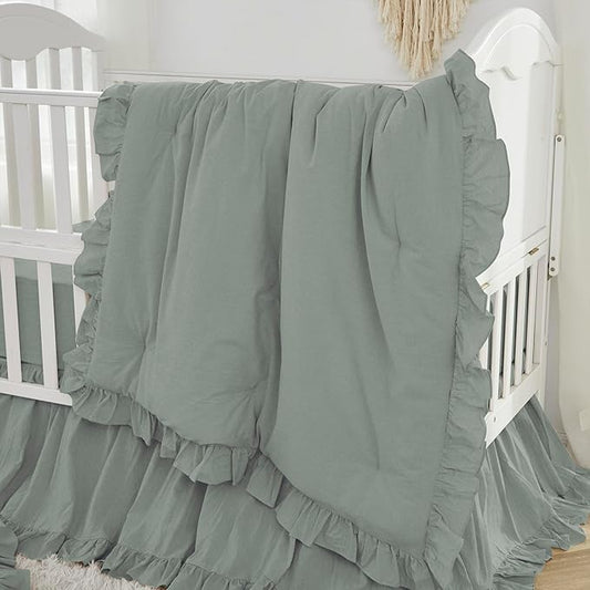 Brandream Gender Neutral Boho Bohemian Baby Girl Boy Nursery 3 Pieces Crib Bedding Set Solid Green Farmhouse Chic Ruffle Unisex Cozy 100% Washed Cotton-CubbioJoy