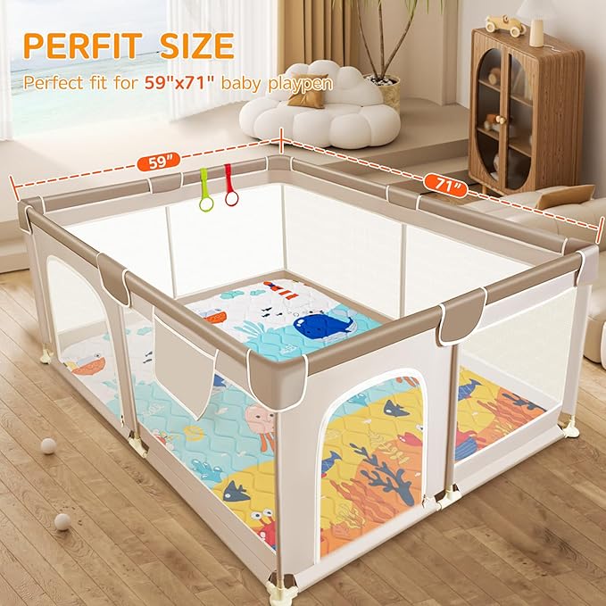 Baby Play Mat - Thicken 71x59 Inch Soft Foam Crawling Mat for Playpen & Floor, Non-Slip Waterproof Playmats for Infants & Toddlers, Portable Foldable & Machine Washable, Ocean World-CubbioJoy