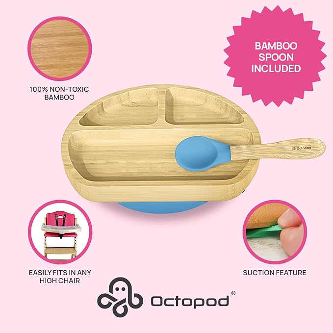 Abiie Octopod Bamboo Dish - Kids Plates for 4 months and up, 3-Compartment Baby Plates with Suction, Triangle Bamboo Baby Plate, Mess-Free Toddler Suction Plates, Baby Feeding Supplies, 8.3x1.9x7.7 in-CubbioJoy