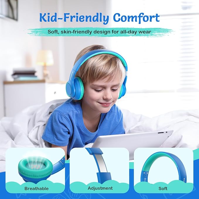 Active Noise Cancelling Headphones for Kids, 60H Playtime, Wireless Bluetooth Over-Ear Blue Headset Built-in Microphone for Home/School/Travel/Party - Includes Portable Case-CubbioJoy