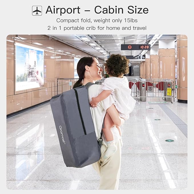 2 in 1 Portable Travel Crib for Toddler, Foldable Crib for Baby, Lightweight Playpen Collapsible Playard with Soft Mattress, Easy to Carry Baby Travel Bed for Outdoor, Indoor (Grey)-CubbioJoy