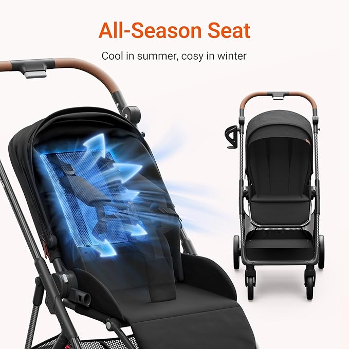 Air Lux Baby Stroller with Carbon Fiber Frame, One-Hand Fold & Reversible Seat, Magnetic 5-Pt Harness, Car Seat Adapter, 15.8lbs, Meteorite-CubbioJoy