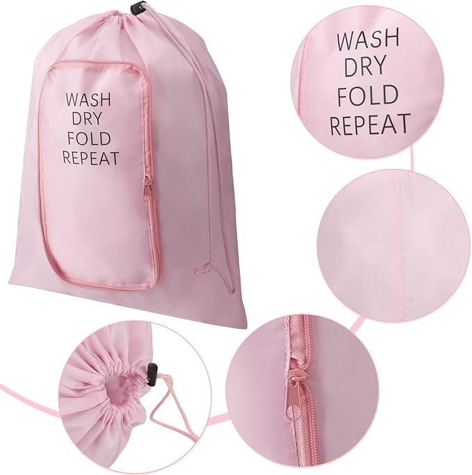2 Pcs Travel Laundry Bag Washable Dirty Clothes Bag with Drawstring and Zipper for Suitcase, 22 x 18 Inch (Pink,Classic)-CubbioJoy