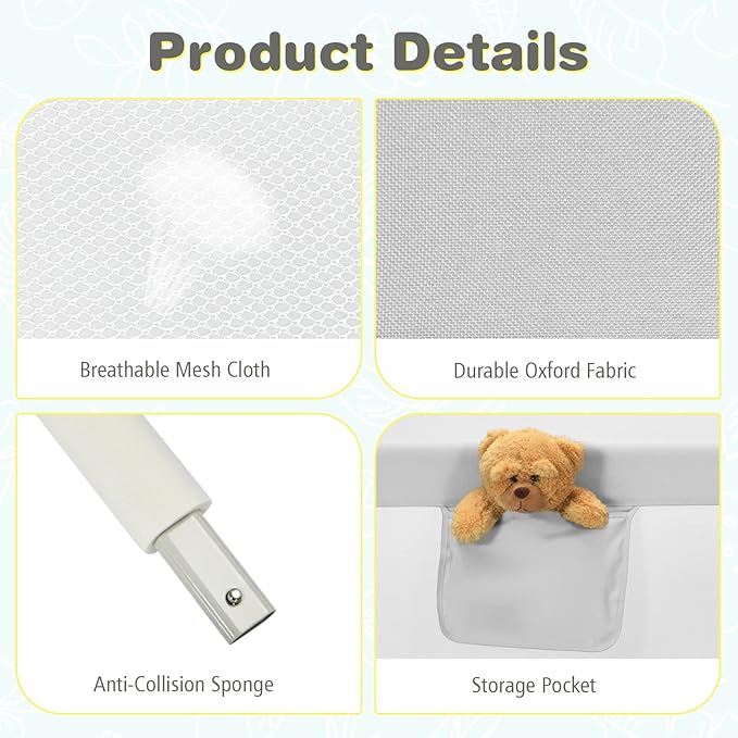 BABY JOY Bed Rail for Toddlers, 57’’ Extra Long, Height Adjustable, Foldable Baby Bed Rail Guard w/Storage Pocket & Double Safety Child Lock for Kids Twin Full Size Queen King Mattress (Gray, 57'')-CubbioJoy