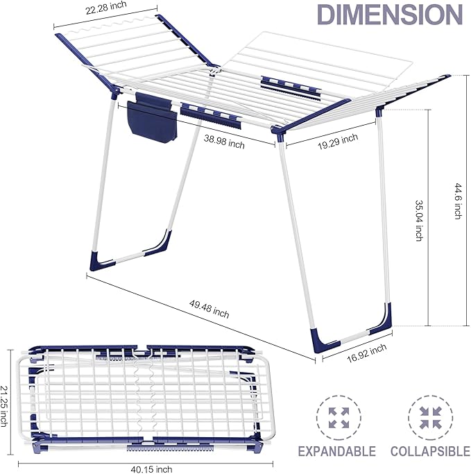 APEXCHASER Clothes Drying Rack Foldable, Drying Rack Clothing Large Space, Winged Laundry Rack with Sock Clips for Hanging Towels Clothes Dress Bedding Indoor Outdoor, White-CubbioJoy
