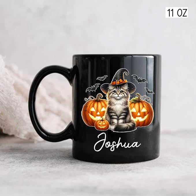 Customized Siberian Wearing Witch Hat Coffee Cup with Name, Personalized Siberian Cat Pumpkins Ceramic Mugs 11oz 15oz, Halloween Cat Cup Gift for Dad Mom Kid, Pet Owner Halloween Black Mug-CubbioJoy