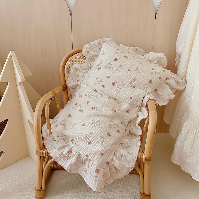 BuLuTu Cute Flower Rabbit Toddler Pillowcase for Girls Boys Soft Breathable Muslin Cotton Kids Pillow Covers, Animal Themed Small Pillow Case for Crib/Toddler Bed, 14"x20", Envelope Closure-CubbioJoy