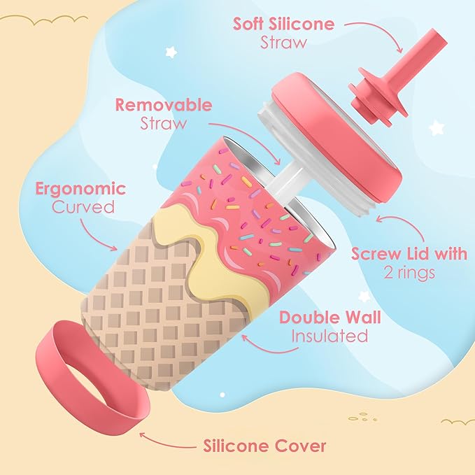 Kid Insulated Stainless Steel Tumbler with Silicone Straw, 12oz Sippy Cup for Kids (Sweet Ice Cream)-CubbioJoy