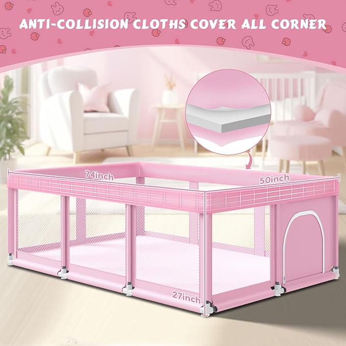 74" ×50" Large Baby Playpen, Baby Playard for Babies and Toddlers, Play Pens for Indoor & Outdoor, Sturdy Safety Play Yard with Soft Breathable Mesh, Anti-Fall, Pink-CubbioJoy