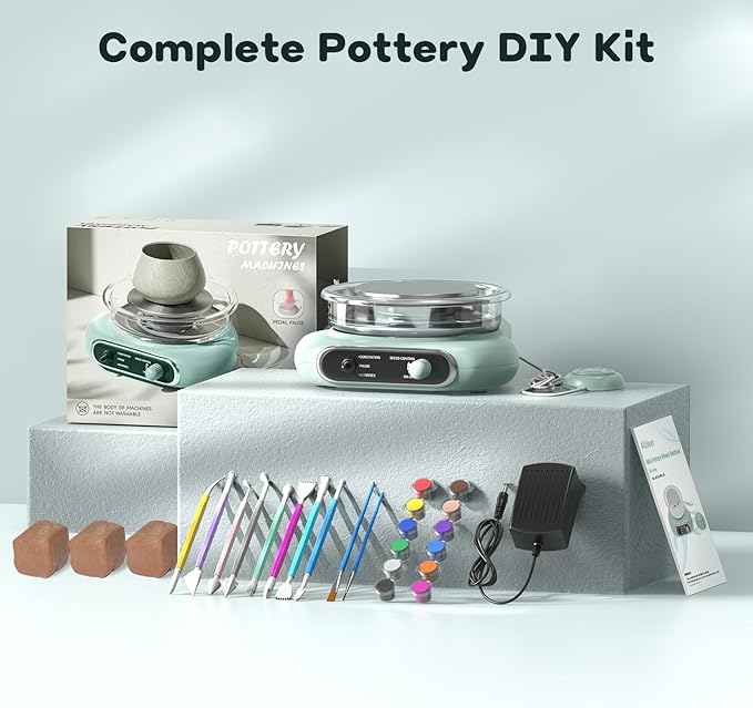 Alldeer Mini Pottery Wheel Kit - 4.7" Turntable Electric Clay Wheel with Foot Pedal, Adjustable Speed Ceramic Making Machine with 8 Pottery Shaping Tools, Craft Kits for Kids-CubbioJoy